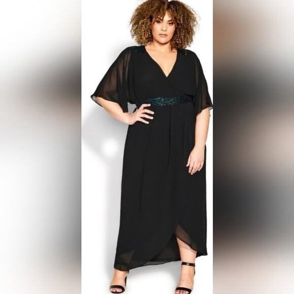 3X 22 24 Plus Size BloomChic Black Mock Wrap Dress Green Sequin Detail Pockets - Picture 4 of 6